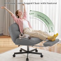 Faux Fur Cross Legged Office Chair with Foot Rest, 6.3" Thick Cushioned Criss Cross Chair with Wheels, Height Adjustable Swivel Vanity Chair for All-Day Comfort (Grey) - Image 4