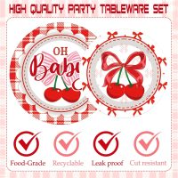 Cherry Baby Shower Decorations - 96 Pcs Red Cherries Bow Disposable Paper Dessert Plates Napkins Forks Tableware Set Summer Fruit Gender Reveal Party Supplies for Girls Serves 24 Guests - Image 3