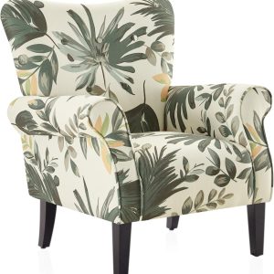 BELLEZE Modern Accent Chair, High Back Armchair, Upholstered Wingback Side Chair, Padded Single Sofa with Wooden Legs for Living Room, Bedroom - Green Floral