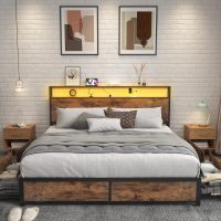 Lifezone Queen Bed Frame with 2-Tier Storage Headboard, Metal Platform Bed Frame with 4 Storage Drawers, Built in Charging Station & LED, Noise-Free/Metal Support/No Box Spring Needed, Vintage Brown - Image 6