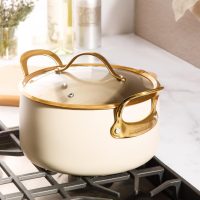 bloomhouse 6 Quart Heavy Duty Aluminum Premium PFA Free Ceramic Nonstick Dutch Oven Pot with Lid - Almond Cream w/Gold Handle - Image 2