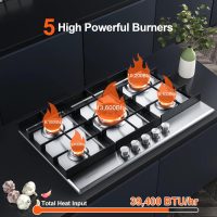 30 inch Gas Cooktop, Gas Stove Top with 5 High Efficiency Burners, Bulit-in Stainless Steel Gas Hob for Kitchen, NG/LPG Convertible Gas Stovetop, Thermocouple Protection - Image 2