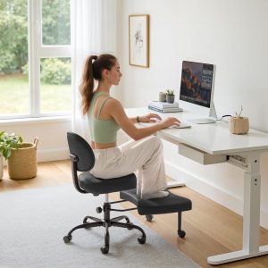 Furmax Ergonomic Criss Cross Legged Office Chair with Wheels, 360°Swivel Adjustable Height Kneeling Desk Chair with Footrest for ADHD, Yoga, Meditation, Home Office (Leather, Black)