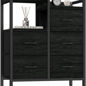Furnulem 5 Drawer Black Dressers for Bedroom 2 Tier Shelf Storage Small Fabric Dresser for Closet Sturdy Metal Frame Modern Style Storage Cabinets Organization Units for Hallway Rooms