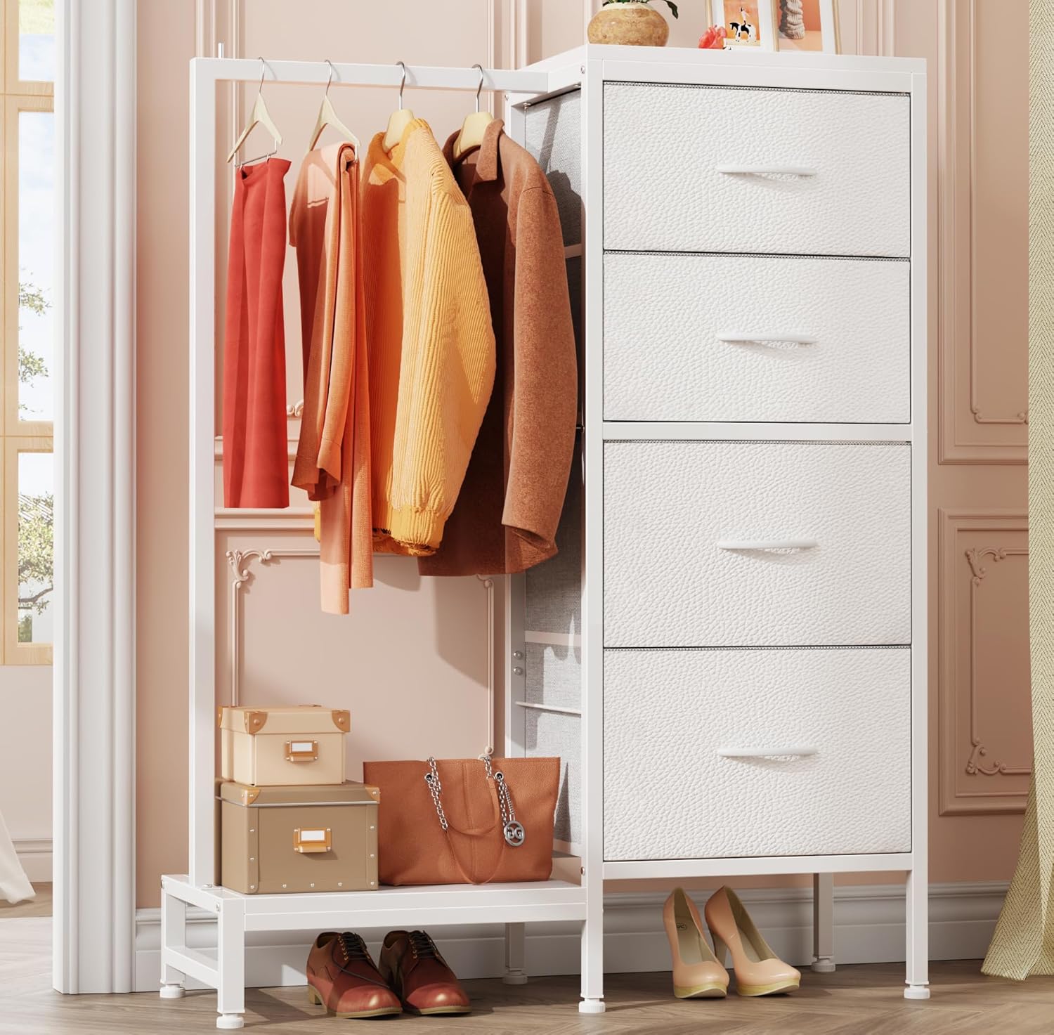 Dresser with Hanging Rack, 4 Drawers Small Closet for Bedroom, Reversible Fabric Kids Chest of Drawers with Clothes Rack, Tall Storage Tower, Sturdy Frame, White, 44”H