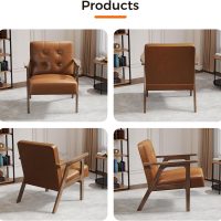 Casaottima PU Leather Accent Chair Mid Century Comfy Cozy Chair with Solid Wood Legs,Modern Arm Reading Chair with Button Tufted Back for Living Room Bedroom (Dark Brown) - Image 8
