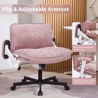 Cross Legged Office Chair with Wheels and Adjustable Flip-Arms, Criss Cross Desk Chair with Thick Cushion, Wide Seat Chair for Home Office, Apartment, Bedroom, Pink - Image 3