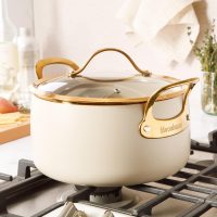 bloomhouse 6 Quart Heavy Duty Aluminum Premium PFA Free Ceramic Nonstick Dutch Oven Pot with Lid - Almond Cream w/Gold Handle - Image 4