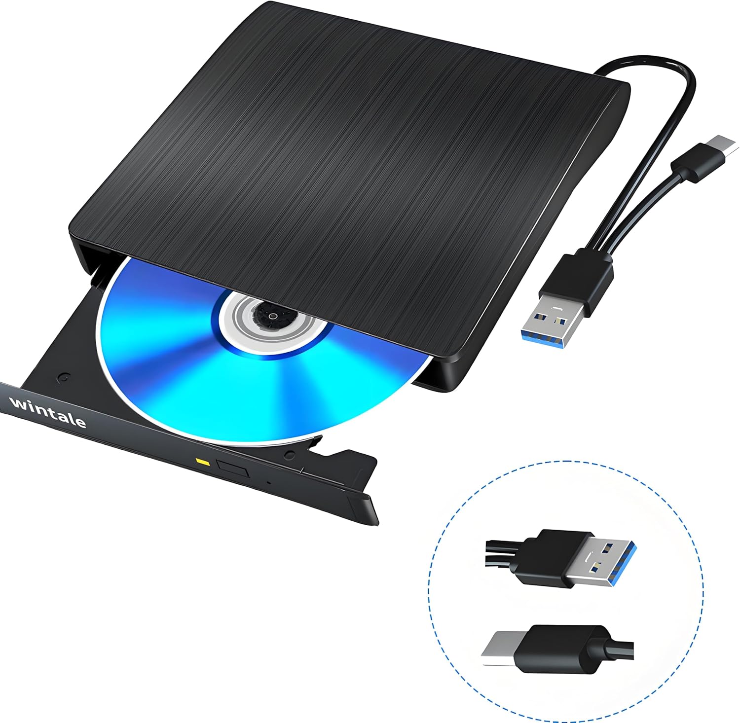 wintale External Blu Ray Drive, Portable 3D Bluray External DVD Drive, Blu Ray Burner with USB 3.0 and Type-C Dual Port, Bluray Drive for PC Windows XP/7/8/10/11 MacOS for Mac