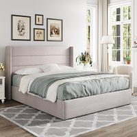 Allewie Queen Size Lift Up Storage Bed, Modern Wingback Headboard, Hydraulic Support, No Box Spring Needed, Light Beige - Image 8