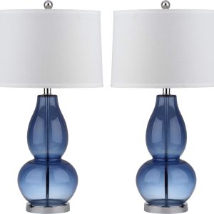 SAFAVIEH Lighting Collection Mercurio Blue Glass Double Gourd 29-inch Bedroom Living Room Home Office Desk Nightstand Table Lamp Set of 2 (LED Bulbs Included)