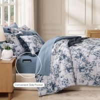 Queen Comforter Set -7 Pieces Floral Blue Comforter Set for All Seasons, Bed in a Bag Queen with Botanical Flowers Comforter, Sheets, Pillowcases & Shams - Image 4