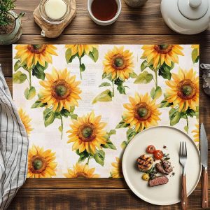 Placemats Set of 4,Farm Sunflower on Vintage Letter Table Mats Washable Placemat,Watercolor Flower Place Mats for Dining Tables Kitchen Holiday Party Decor
