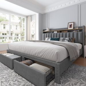 EnHomee Queen Bed Frame with 2-Tier Storage Headboard, Upholstered Platform Queen Size Bed Frame with 2 Storage Drawers, Sturdy Wooden Slats Support, Noise-Free, No Box Spring Needed, Grey