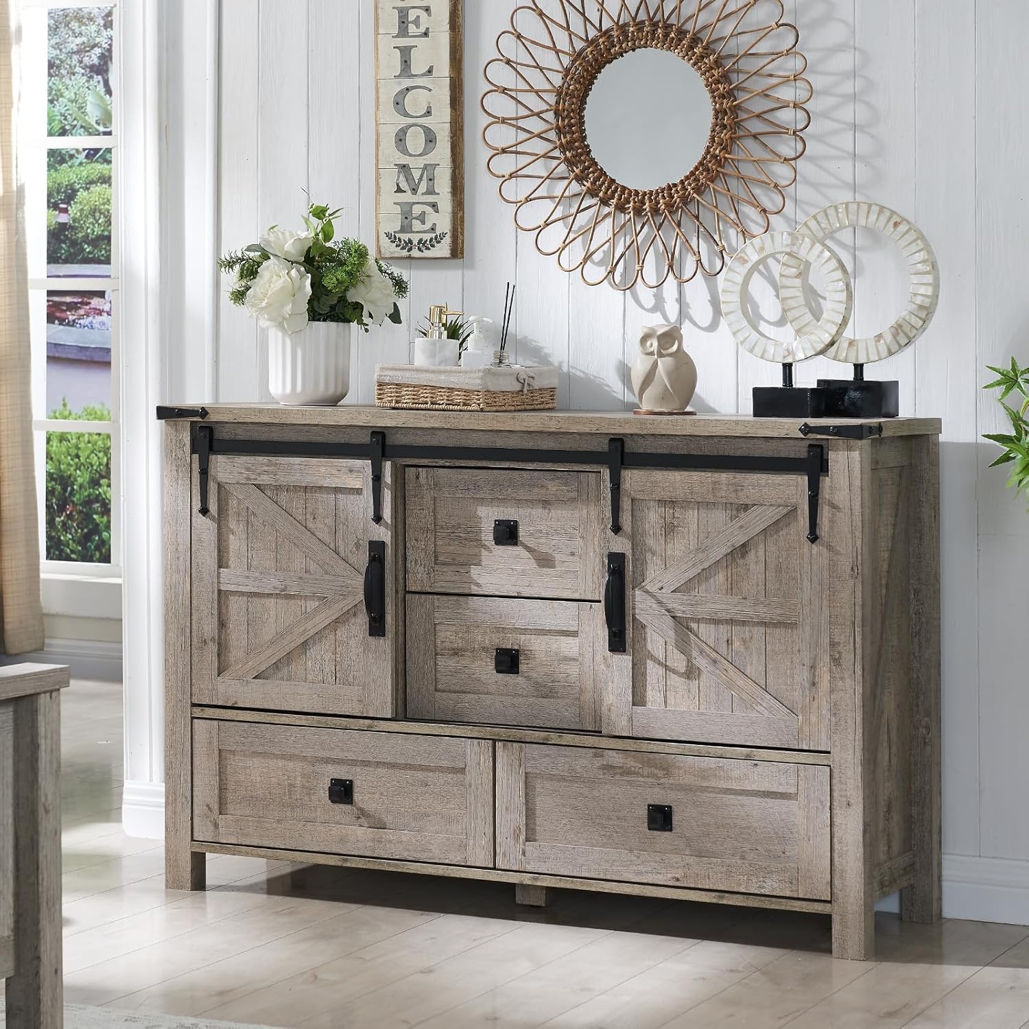 T4TREAM 48” Farmhouse Dresser for Bedroom w/4 Drawers & Sliding Barn Doors, Tall Chest of Drawers, Rustic Dresser TV Stand w/Shelf, Organizer for Bedroom, Living Room, Foyer,Light Rustic Oak