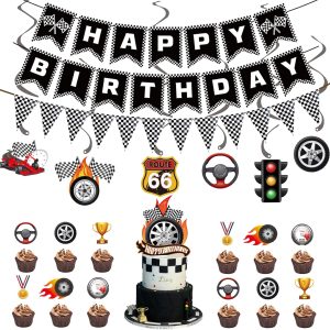 Race Car Birthday Party Decorations，Cars Birthday Decorations Includes Black White Banner,Checkered Flag Banner,Hanging Swirls,Race Car Cake & Cupcake Toppers，Race Car Themed Party Supplies for Boys