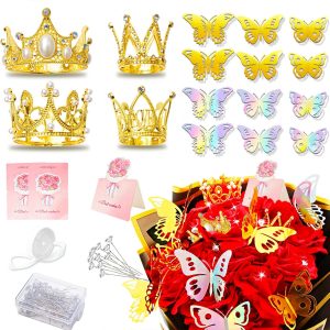 ZIFTY 4 Pcs Crowns for Flower Bouquets Accessories with 12 Pcs Gold Butterfly Decorations and 50 Pcs Diamond Pins for Flower Bouquets, Cake Topper (Gold, Silver)
