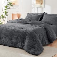HYMOKEGE Queen Comforter Set Seersucker 7 Pieces, All Season Luxury Bed in a Bag for Bedroom, Bedding Set with Comforters, Sheets, Pillowcases & Shams, Dark Grey - Image 8