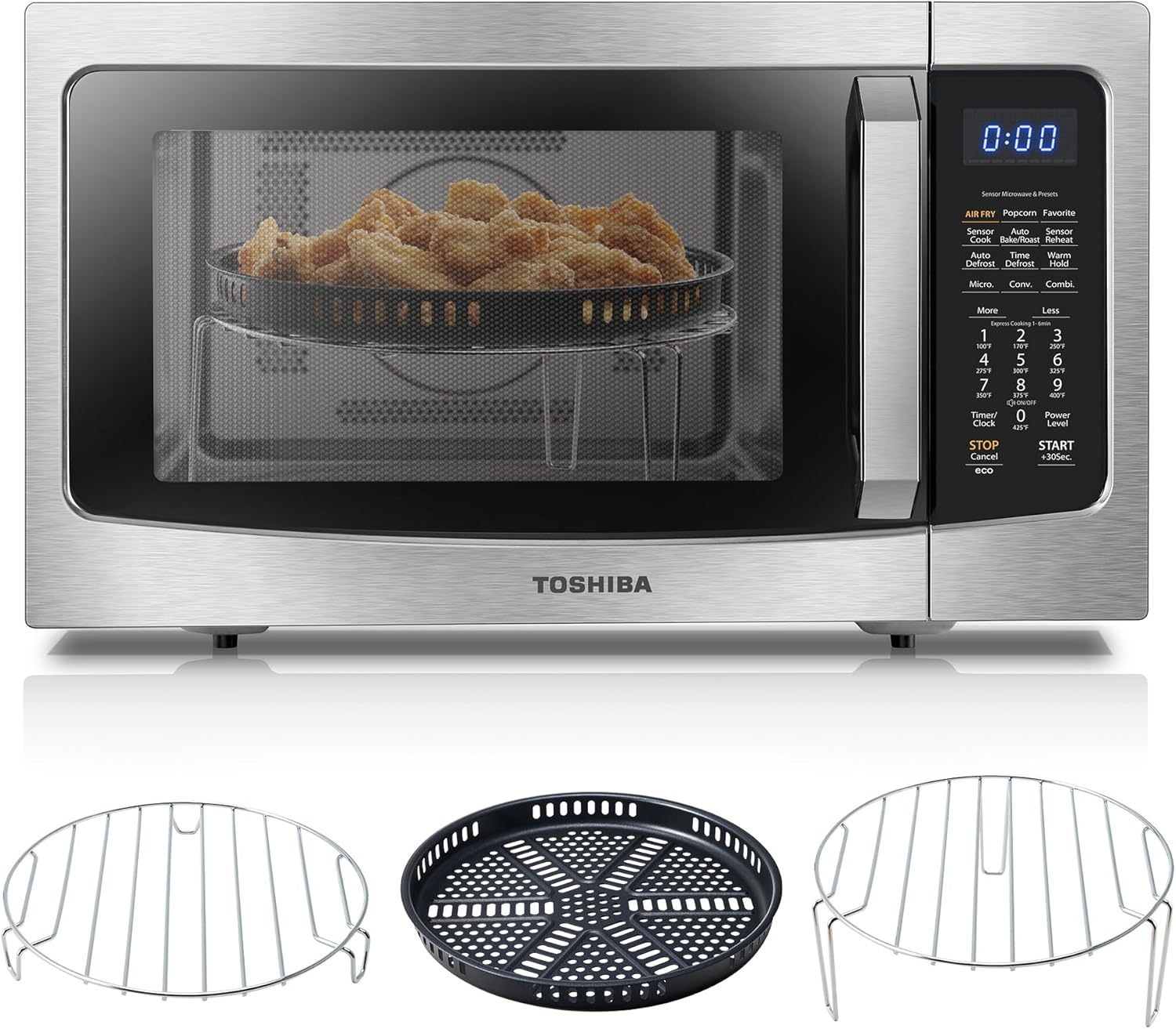 Toshiba Air Fryer Combo 4-in-1 Countertop Microwave Oven, Smart Sensor, Convection, Mute Function, Position Memory 13.6″ Turntable, 1.5 Cu Ft, 1000W, Silver, ML-EC42P(SS)
