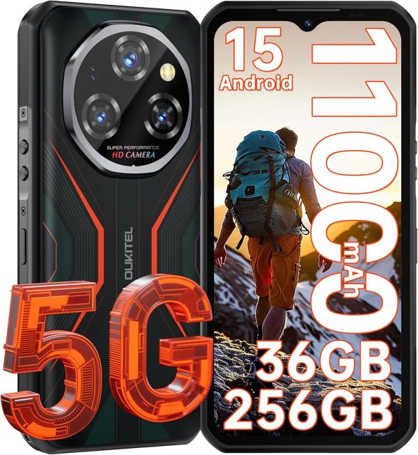 OUKITEL WP55 5G Rugged Smartphone - 36GB+256GB/2TB Android 15 Rugged Phone, 11000mAh Battery,6.6" FHD+ 120hz Phone,108MP Main Camera IP68/IP69K Waterproof Cell Phone 5G Dual SIM NFC/OTG/BT5.2
