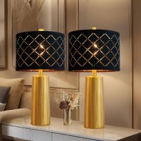 RORIANO Set of 2 Modern Table Lamps for Living Room Bedroom, Gold Nightstand Resin Lamps with Black Grid Shade, Contemporary Desk Lamps for Bedside End Tables, 2 Bulbs Included (Gold) - Image 7