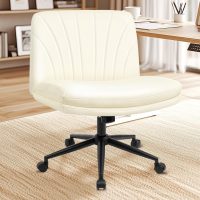 NEO CHAIR Criss Cross Chair with Wheels Armless Cross Legged Office Desk Wide Comfy Vanity Makeup Chair Adjustable Swivel Rolling Computer for Home Office PU Leather (Beige) - Image 8