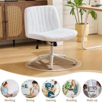 Karl home Criss Cross Chair Armless Desk Chair with Wheels Cross Legged Office SwivelChair Wide Adjustable Comfy Padded Vanity Chair with Dual Purpose Base, Teddy Fleece White - Image 7