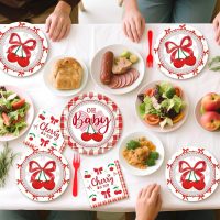 Cherry Baby Shower Decorations - 96 Pcs Red Cherries Bow Disposable Paper Dessert Plates Napkins Forks Tableware Set Summer Fruit Gender Reveal Party Supplies for Girls Serves 24 Guests - Image 5