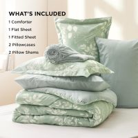 Bedsure Queen Comforter Set - 7 Pieces Floral Sage Green Soft Bedding Sets, Queen Bed in a Bag with Botanical Flowers Comforter, Sheets, Pillowcases & Shams - Image 7