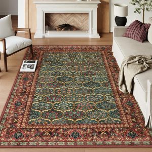 Lahome Vintage Rug for Living Room, Machine Washable 6x9 Area Rugs Non-Slip Ultra-Thin Stain Resistant Carpet for Dining Room, Floral Oriental Print Soft Indoor Carpet for Bedroom (Red,6'x9')