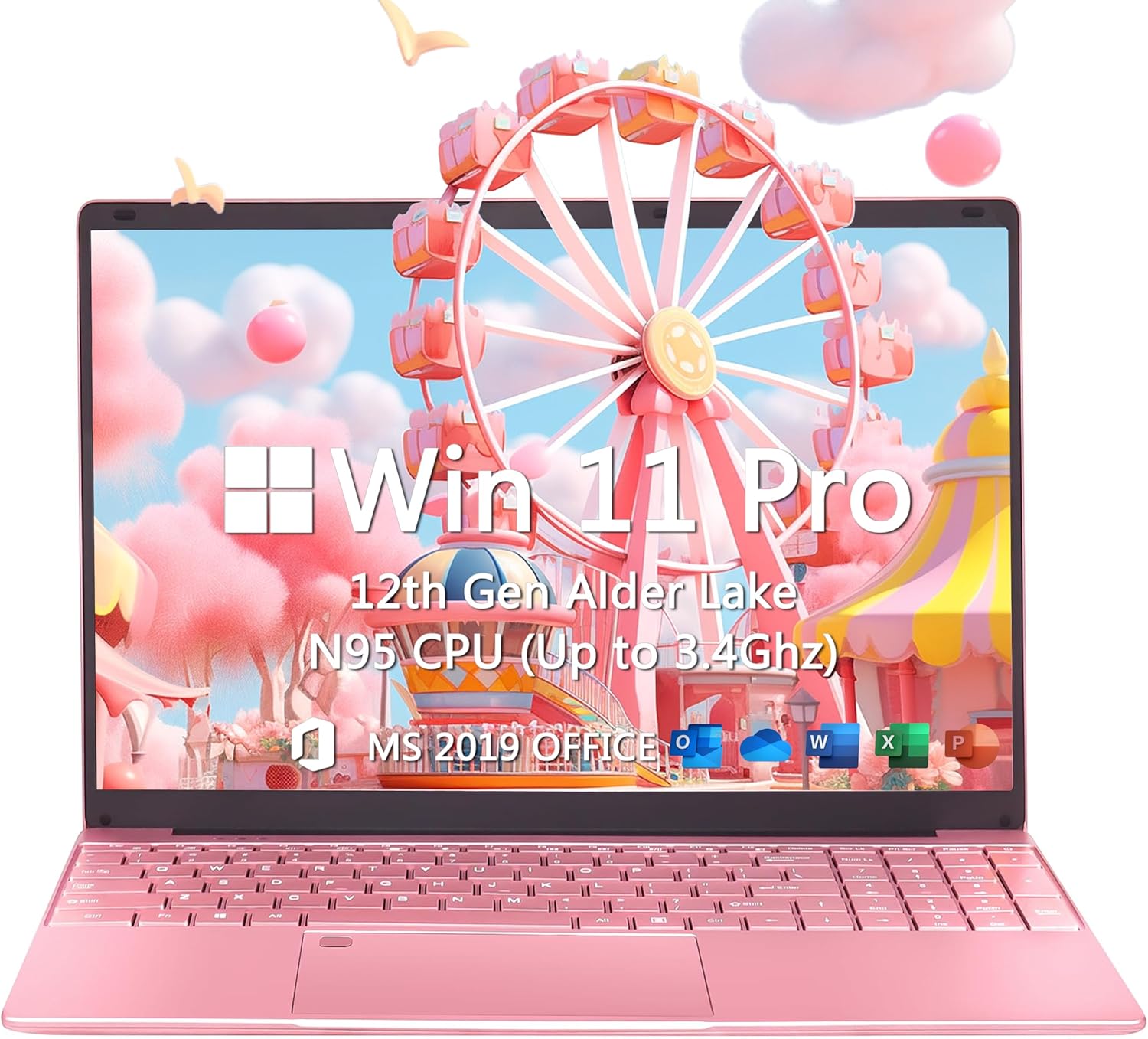 15.6″ Pink Laptop,12th Gen N95(Up to 3.4Ghz),DDR4 32G RAM, 512GB NVME SSD, Windows 11 Pro &Office 2019,Fingerprint Lock, Portable Notebook PC with Backlit KB (GB, 512)