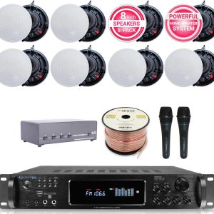 Sound System Kit - 7.2 Channel 1500 W Bluetooth Amplifier w/ 8 Qty of 5.25" Frameless Ceiling Speakers 175W Each, 4-Ch Speaker Selector, 2 Qty of Mic, 250 ft Speaker Wire & Remote by Vaiyer