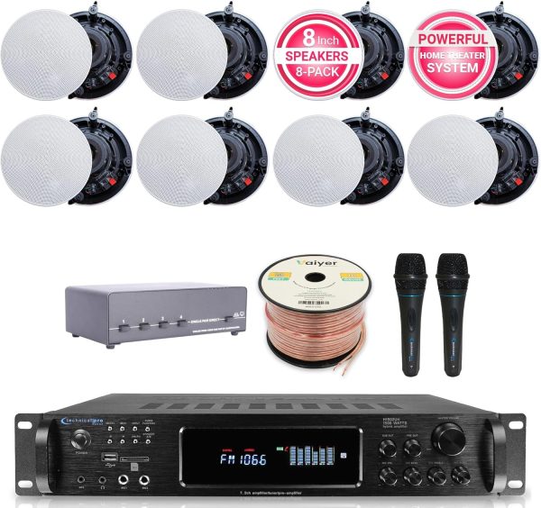 Sound System Kit - 7.2 Channel 1500 W Bluetooth Amplifier w/ 8 Qty of 5.25" Frameless Ceiling Speakers 175W Each, 4-Ch Speaker Selector, 2 Qty of Mic, 250 ft Speaker Wire & Remote by Vaiyer