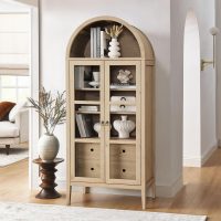 Modway Nolan Modern Farmhouse 71 Inch Tall Arched Storage Display Cabinet in Light Oak Wood Grain - 4-Tier Bookcase with Glass Doors and Shelves - Arch Accent Cabinet for Living Room - Image 2