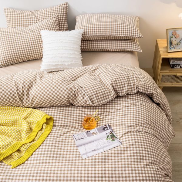 mixinni Tan Gingham Comforter Set Queen, Plaid Comforter Set 3 Pieces 1 Beige Grid Comfoter with 2 Pillow Cases for All Seasons, Soft Fluffy Modern Grid Pattern Printed Bedding-Queen Size