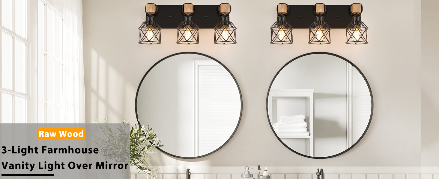 Farmhouse Bathroom Light Fixtures, Wood Bathroom Lighting Fixtures Over Mirror