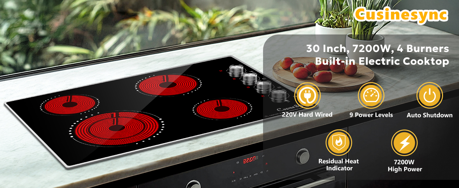 30 Inch 7200W 4 Burners Built-in Electric Cooktop