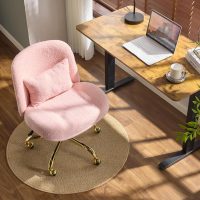 VINGLI Wide Criss Cross Legged Office Chair,Buttprint Ergonomic Desk Chair Comfy with Pillow&Gold Base,Dual-Use with/no Wheels,Adjustable Vanity Swivel Chair for Bedroom,Home Office,Teddy Fleece,Pink - Image 2