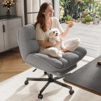 Faux Fur Cross Legged Office Chair with Foot Rest, 6.3" Thick Cushioned Criss Cross Chair with Wheels, Height Adjustable Swivel Vanity Chair for All-Day Comfort (Grey) - Image 8