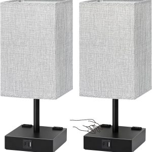 Bedside Table Lamps Set of 2 - Touch Nightstand Lamp for Bedroom with USB C+A Charging Ports & AC Outlets, 3-Way Dimmable Desk Lamp Grey Fabric Shade for Bedroom Living Room, Office(Bulb Included)