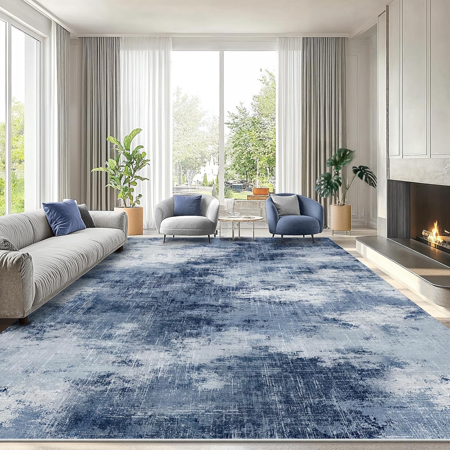 AMADA HOMEFURNISHING 8×10 Area Rugs, Modern Washable Living Room Rug with Non-Slip Backing & Short Pile, Large Rug with Abstract Pattern for Living Room, Bedroom and Dinning Room, Dark Blue