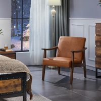 Yaheetech PU Leather Accent Chair, Mid-Century Modern Armchair with Solid Wood Legs, Reading Leisure Chair with High Back for Living Room Bedroom Waiting Room, Brown - Image 2