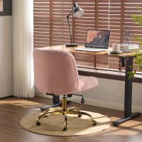 VINGLI Wide Criss Cross Legged Office Chair,Buttprint Ergonomic Desk Chair Comfy with Pillow&Gold Base,Dual-Use with/no Wheels,Adjustable Vanity Swivel Chair for Bedroom,Home Office,Teddy Fleece,Pink - Image 9