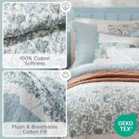 Madison Park Cotton Quilt Set Floral Print, Double Sided Stitching, All Season, Lightweight Coverlet Shabby Chic Bedding Layer, Matching Shams, King/Cal King, Aqua 6 Piece - Image 3