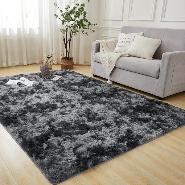 Andency Soft Area Rugs for Living Room Bedroom, 4x6 Non-Slip Fluffy Shag Carpet, Indoor Floor Fuzzy Shaggy Living Room Plush Rug for Kids Dorm Nursery Home Decor Aesthetic, Tie-Dyed Dark Grey