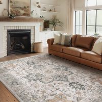 GENIMO 5X7 Area Rugs for Living Room, Machine Washable Non Slip Vintage Rugs, Low Pile Lightweight Chenille Print Rug for Bedroom, Dining Room, Home Office, Light Taupe Brown - Image 10