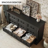LIKIMIO Farmhouse Dresser for Bedroom with 9 Drawers, 58" Wide Wood Chest of Drawers with Roman Column, Dresser TV Stand for 65", Closet Storage Dressers Organizer for Bedroom, Living Room, Hallway - Image 5