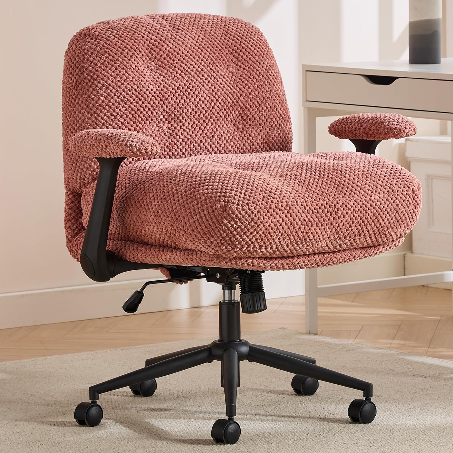 Criss Cross Chair with Flip-Up Armrests Wider & Thickened, Cross Legged Office Chair on Wheels Comfortable Adjustable Swivel, Ergonomic Desk Chair for Home Office, Vanity, Accent, Pink
