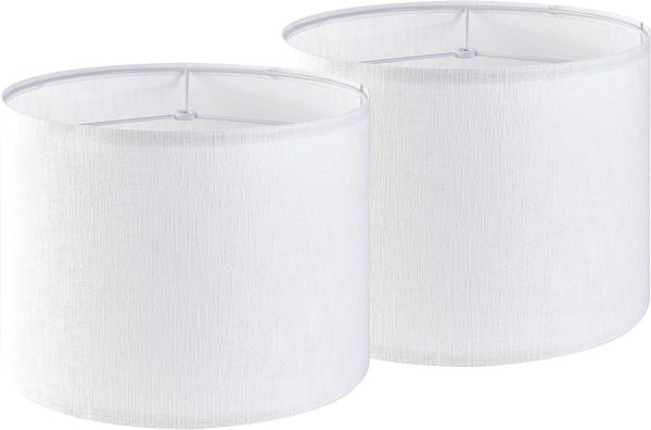 Set of 2 Pure White Linen Drum Lamp Shade 13" Top x 13" Bottom x 10" High (Spider) Contemporary Lamp Shades for Table Lamps & Bedside Lamps Replacement Lampshade - GO&SO - Assembly is Required