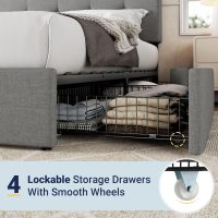 Allewie Upholstered Queen Size Platform Bed Frame with 4 Storage Drawers and Headboard, Square Stitched Button Tufted, Mattress Foundation with Wooden Slats Support, No Box Spring Needed, Light Grey - Image 5